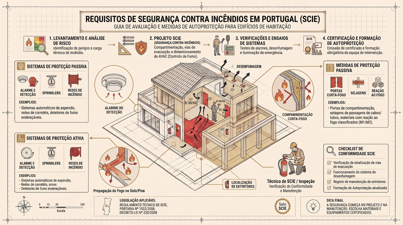 Planta de segurança contra incêndio de um edifício, com sinalização de emergência, extintores e caminhos de evacuação
