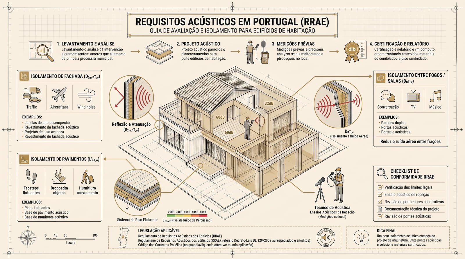 Ensaio de isolamento sonoro numa fração habitacional, com sonómetro e fonte sonora