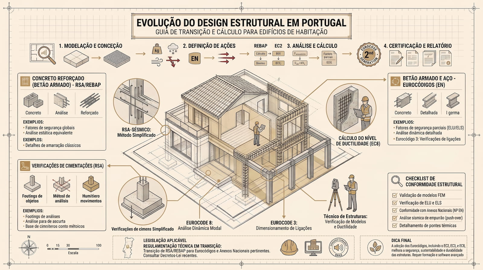 Structural model of a building under analysis, with floor plans and Eurocode standards documentation
