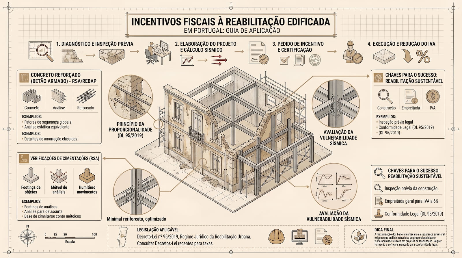 Reabilitação de um edifício antigo em área de reabilitação urbana, com fachada em andaimes e peças de projeto