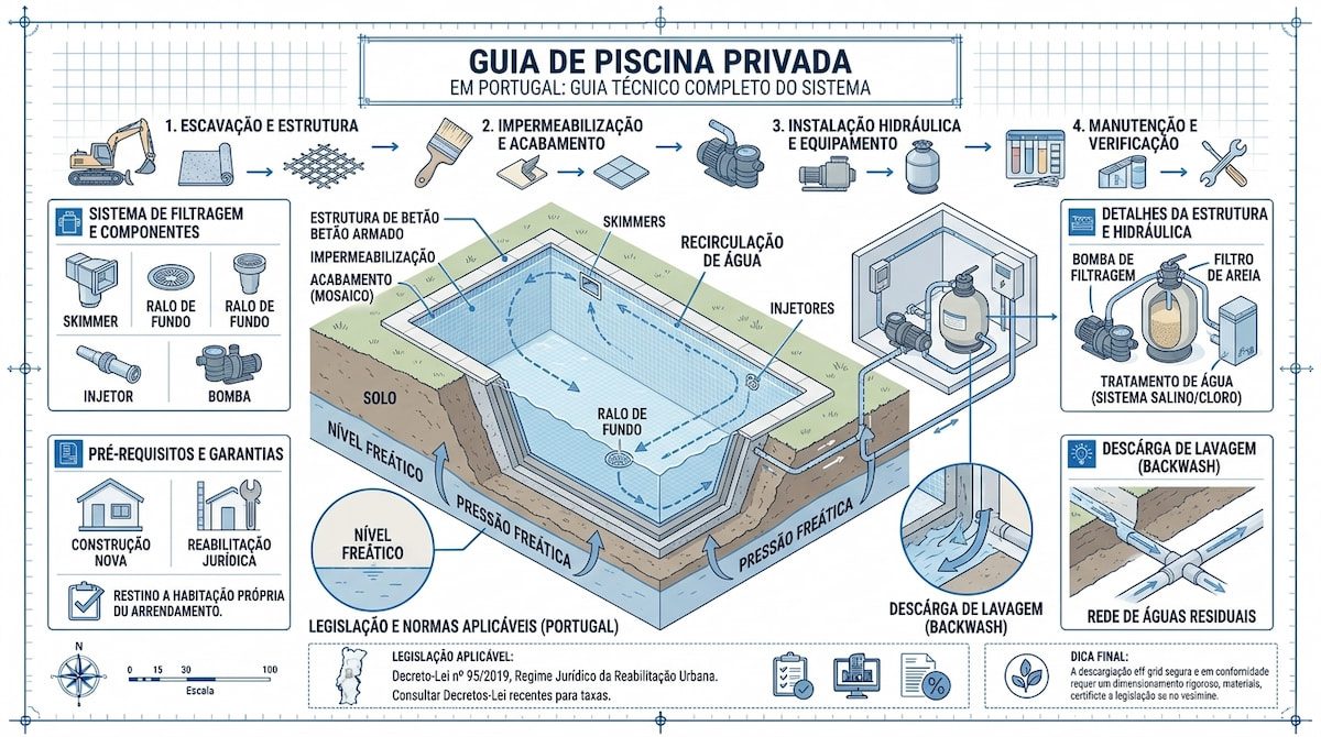 Swimming pool under construction in the garden of a house, with exposed concrete structure and formwork tools