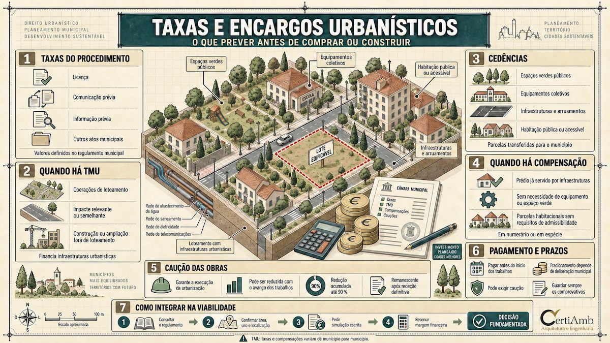 Planos de una parcelación, calculadora y documentos de tasas municipales sobre un escritorio