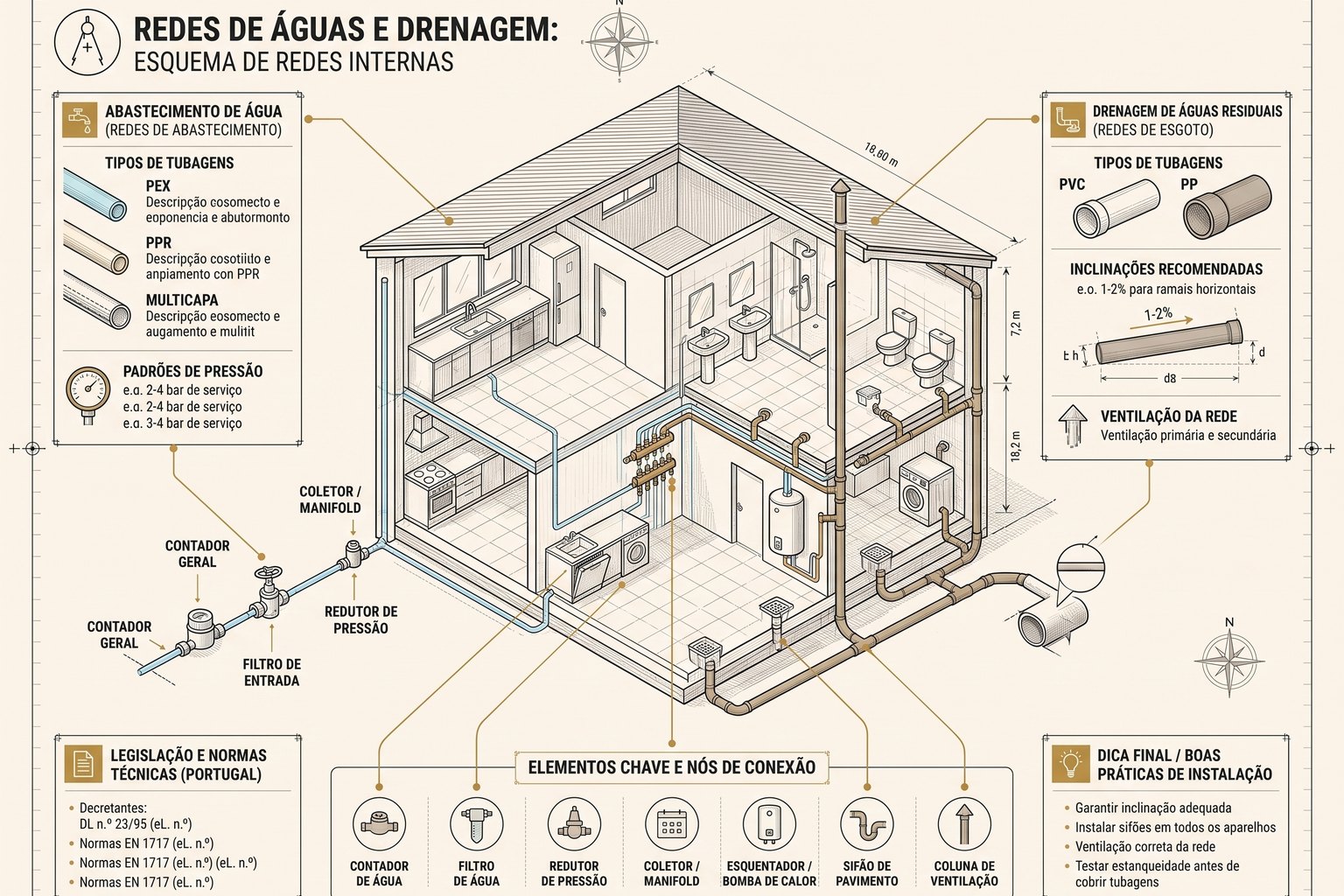 Diagram of internal water-supply networks and wastewater and rainwater drainage