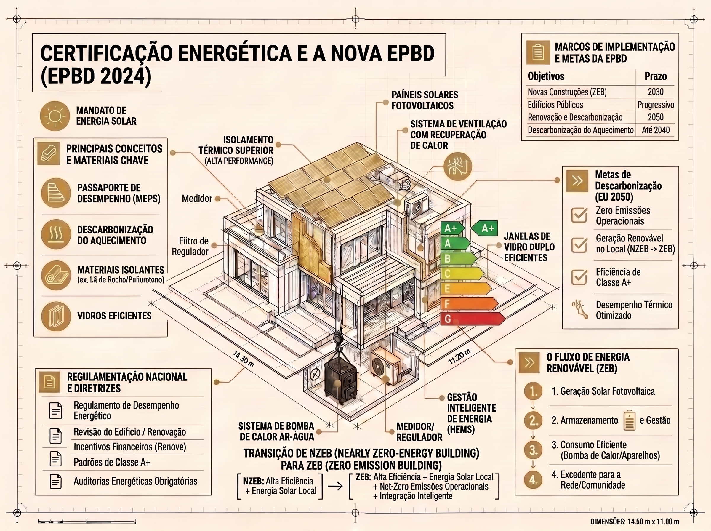 Energy class label over the facade of a building with solar panels