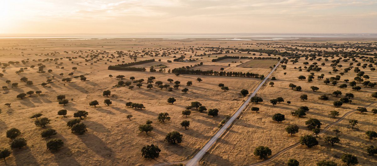 Vista aérea de planície de montado ao fim da tarde, com estrada rural a atravessar e a faixa do estuário ao fundo