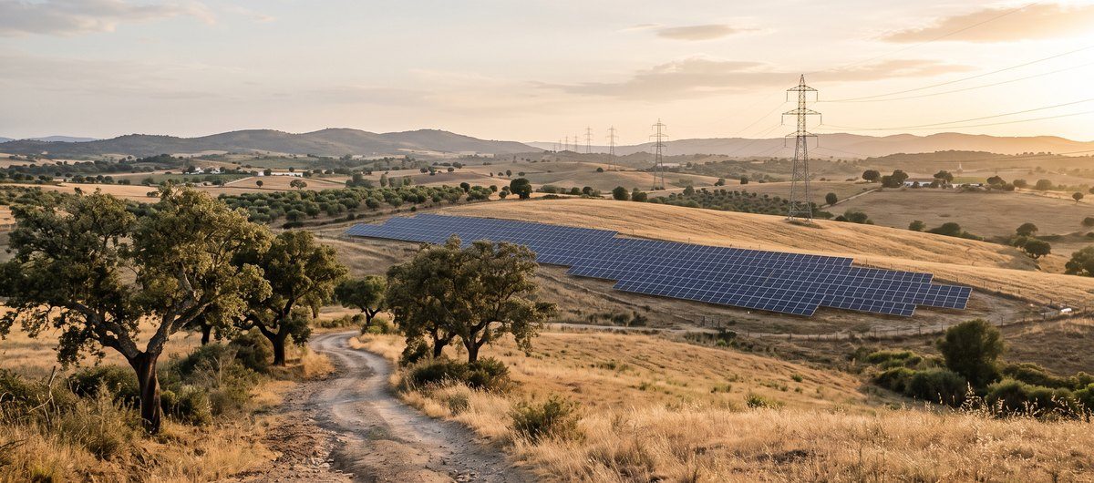 Paisagem rural portuguesa ao pôr do sol, com sobreiros e um caminho de terra em primeiro plano, um parque solar fotovoltaico no campo em frente e uma linha de alta tensão ao fundo