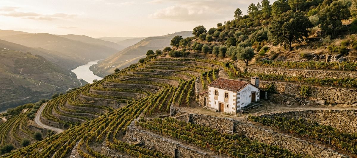 Encosta de vinha em socalcos no Douro ao fim da tarde, com uma casa rural isolada num patamar