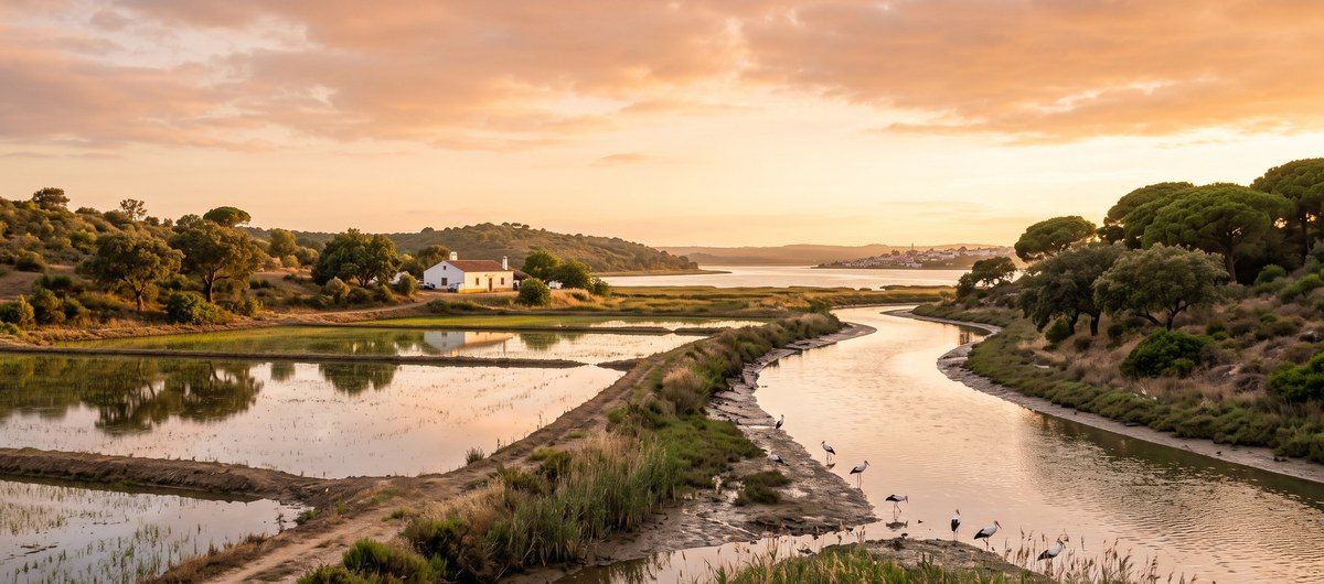 Estuário do Sado ao fim da tarde, com arrozais, um braço de rio, sobreiros e pinheiros-mansos, uma casa branca e cegonhas junto à água