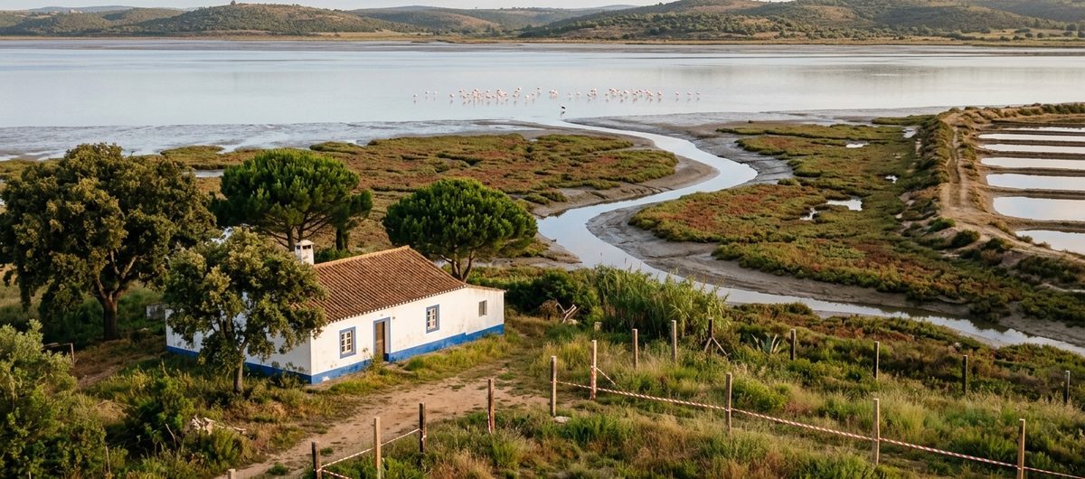 Orilla del estuario del Sado por la mañana: casa rural encalada con franja azul entre alcornoques y pinos piñoneros, estacas de deslinde en primer plano, marisma con salinas y flamencos al fondo