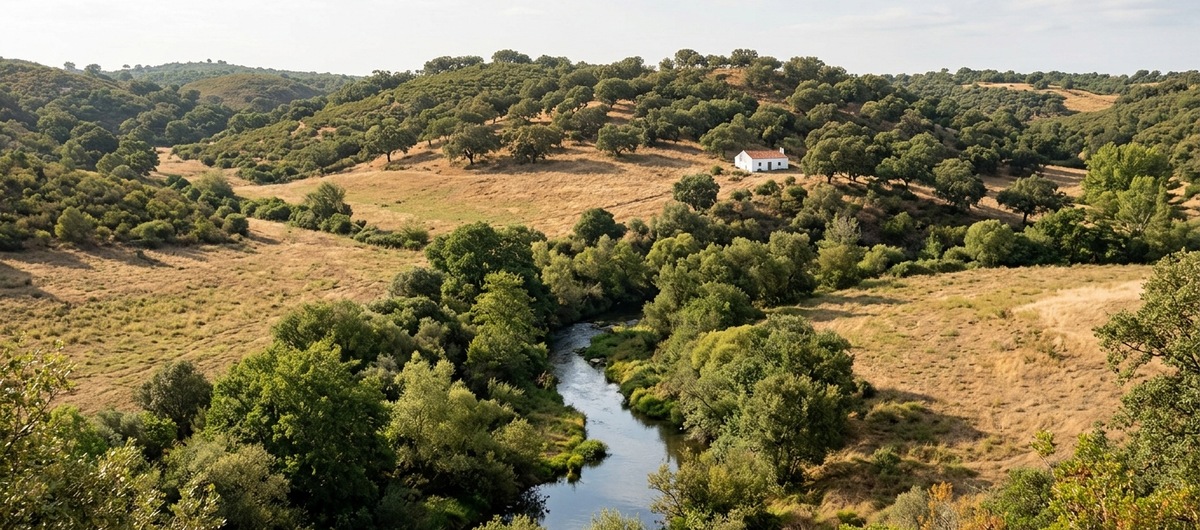 Stream among cork oaks and rural Portuguese hills — illustrative image