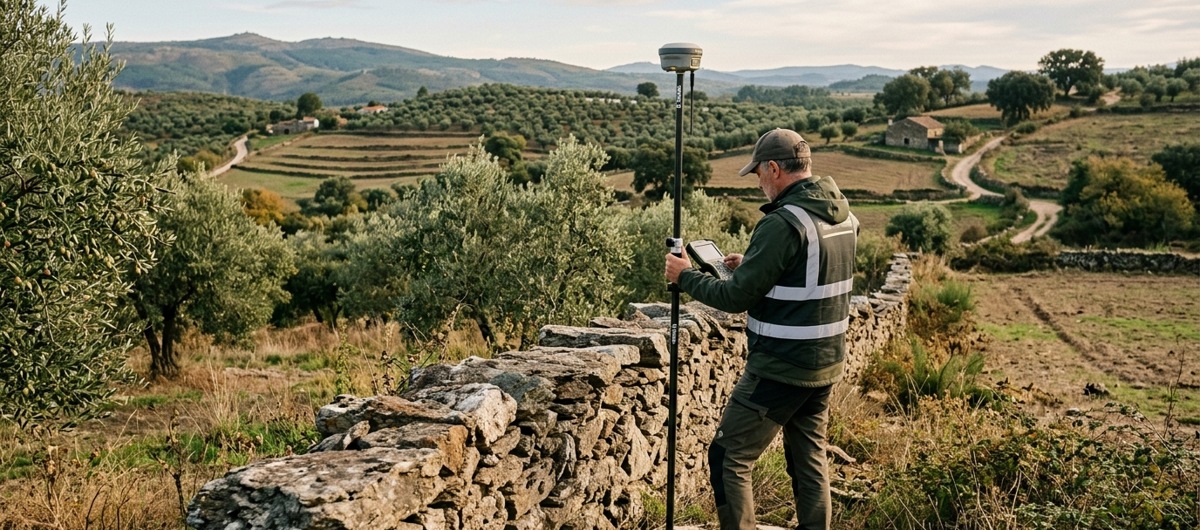 Surveyor beside a rural property boundary in Portugal; illustrative AI-generated image
