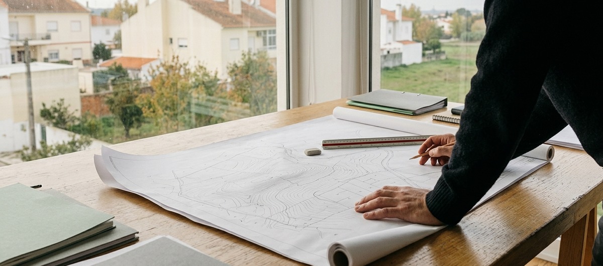 Examen d’un plan de terrain dans un bureau d’études ; illustration générée par IA