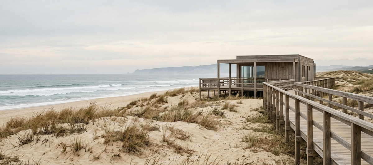 Timber beach facility beside a boardwalk and dunes; AI-generated illustrative image