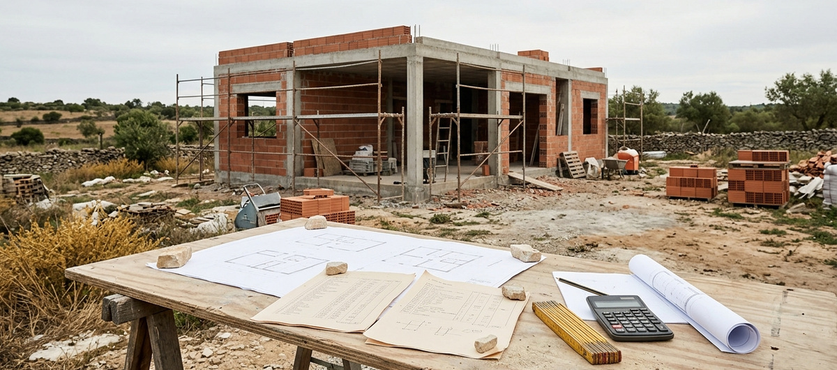 Plans et devis posés sur une table devant une maison en construction ; illustration générée par IA