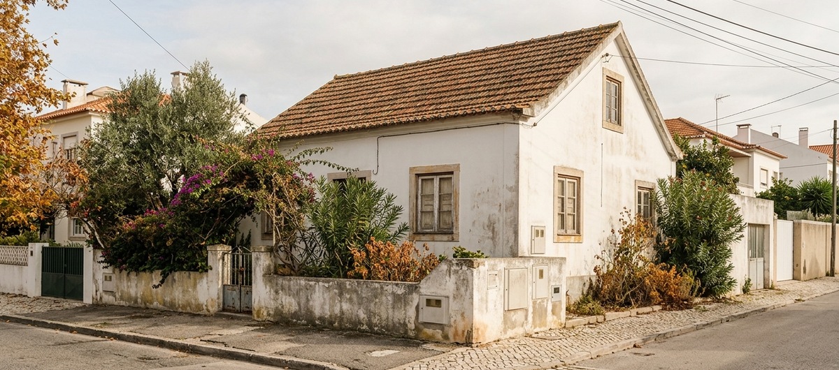 Casa existente com paredes rebocadas, janelas de madeira e cobertura de telha; imagem ilustrativa gerada por IA.